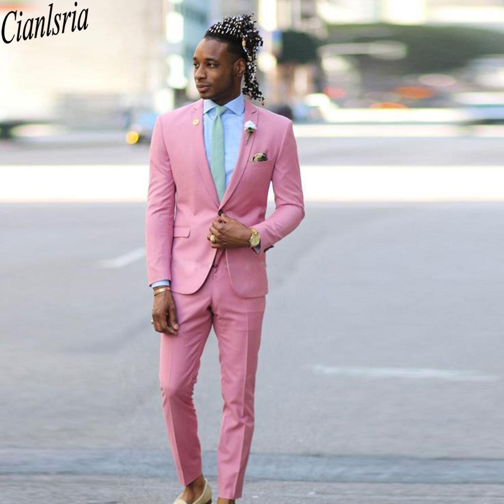 핑크 슬림 맞는 신랑 착용 한 단추 노치 옷깃 두 조각 웨딩 턱시도 맞춤 제작 정장 세트